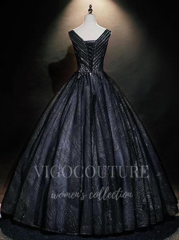 vigocouture-Black Sparkly Lace Quinceañera Dresses Lace Applique Ball Gown 20482-Prom Dresses-vigocouture-
