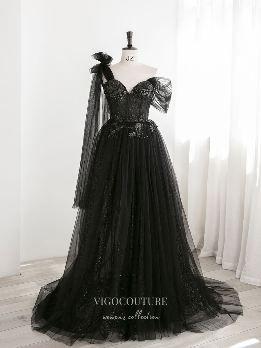 vigocouture-Black Sparkly Tulle Prom Dresses One Shoulder Formal Dresses 21323-Prom Dresses-vigocouture-