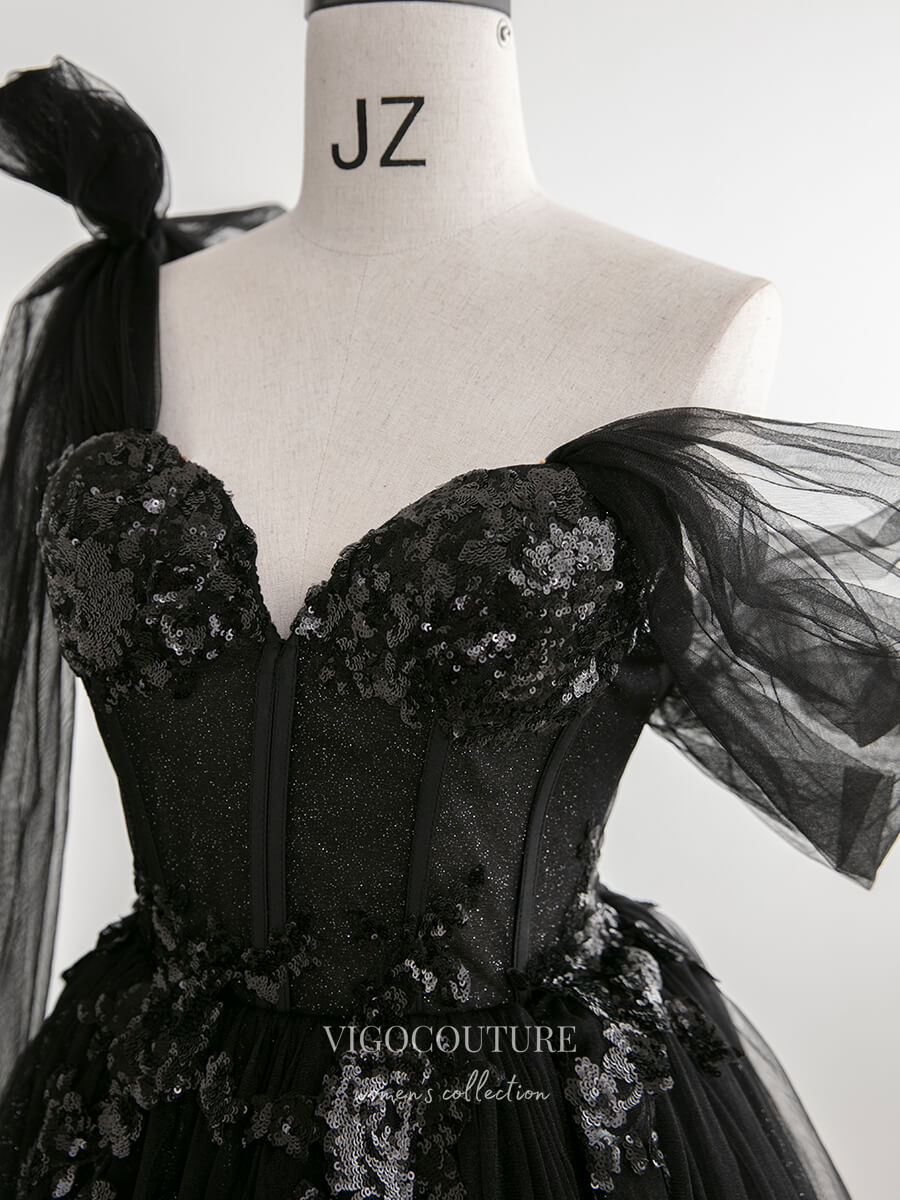 vigocouture-Black Sparkly Tulle Prom Dresses One Shoulder Formal Dresses 21323-Prom Dresses-vigocouture-