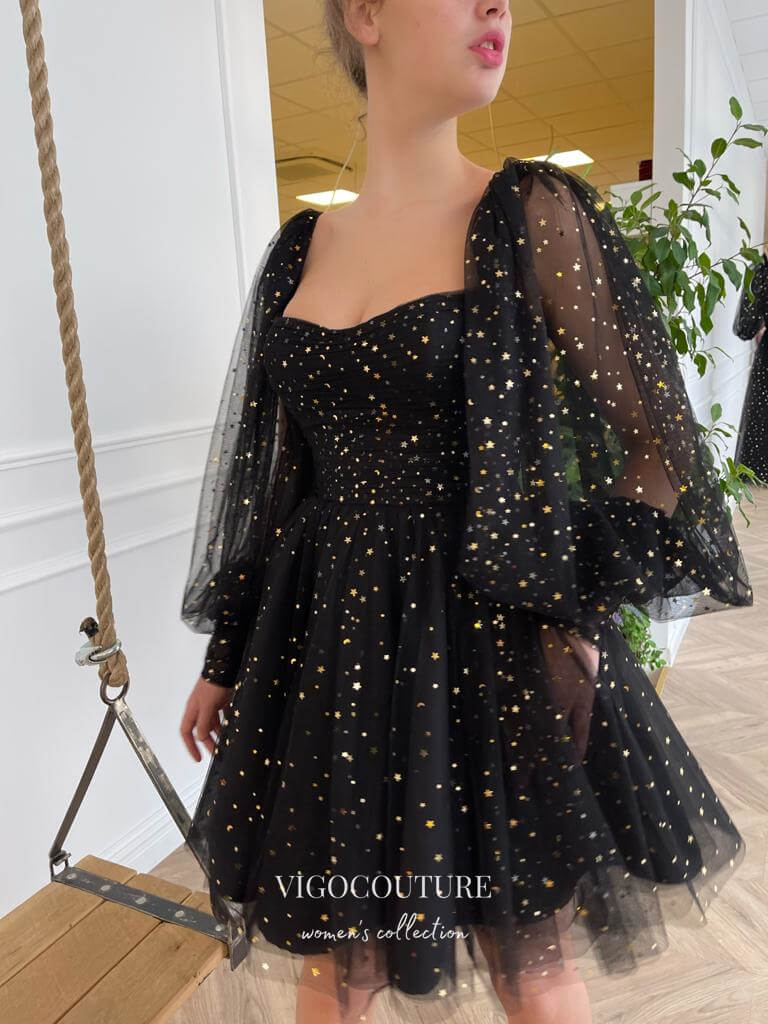 vigocouture-Black Starry Tulle Hoco Dresses Long Sleeve Graduation Dresses hc173-Prom Dresses-vigocouture-