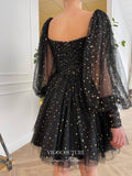 vigocouture-Black Starry Tulle Hoco Dresses Long Sleeve Graduation Dresses hc173-Prom Dresses-vigocouture-