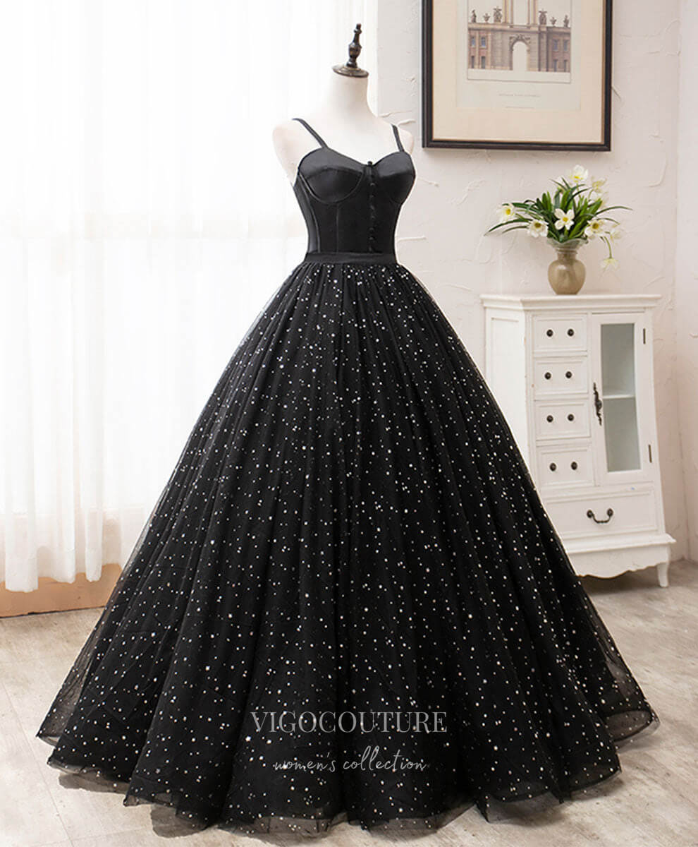 Black Starry Tulle Prom Dresses Spaghetti Strap Evening Dress 21825-Prom Dresses-vigocouture-Black-US2-vigocouture