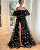 Black Starry Tulle Prom Dresses with Slit Puffed Sleeve Formal Dress 21991-Prom Dresses-vigocouture-Black-US2-vigocouture