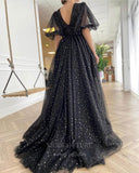 vigocouture-Black Starry Tulle Puffed Sleeve Prom Dress 20988-Prom Dresses-vigocouture-