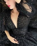vigocouture-Black Starry Tulle Puffed Sleeve Prom Dress 20988-Prom Dresses-vigocouture-
