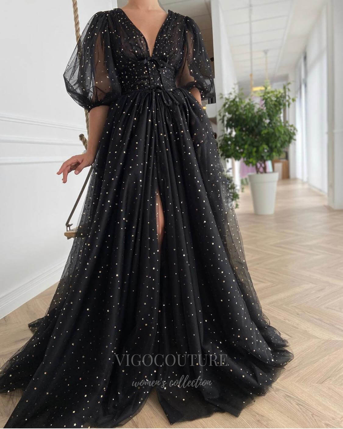 vigocouture-Black Starry Tulle Puffed Sleeve Prom Dress 20988-Prom Dresses-vigocouture-Black-US2-