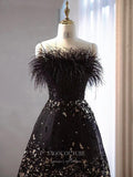 vigocouture-Black Strapless Prom Dresses Feather Evening Dresses 21208-Prom Dresses-vigocouture-