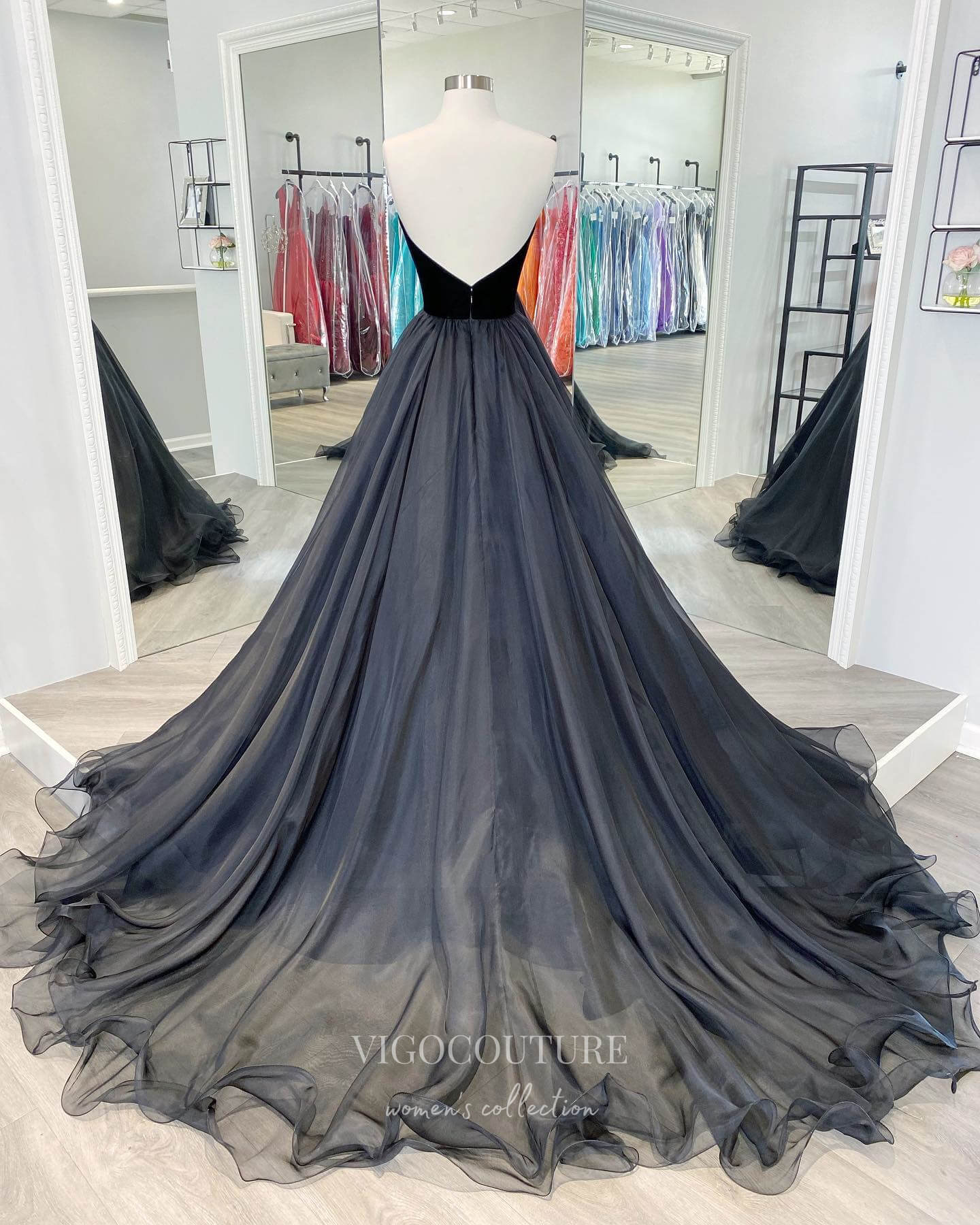 vigocouture-Black Strapless Prom Dresses Organza A-Line Evening Dress 21804-Prom Dresses-vigocouture-