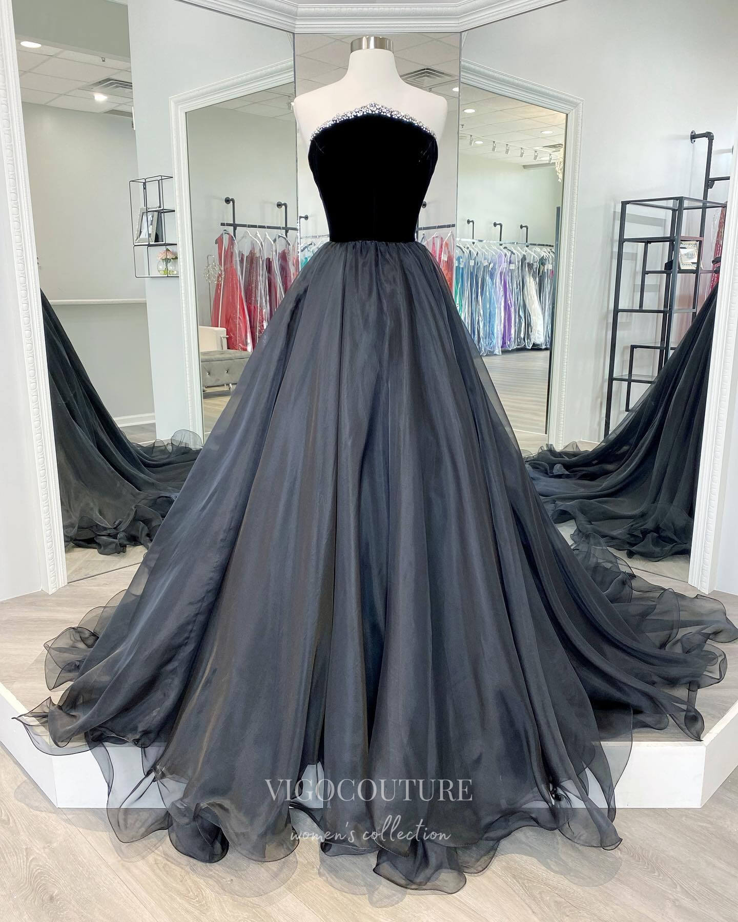 vigocouture-Black Strapless Prom Dresses Organza A-Line Evening Dress 21804-Prom Dresses-vigocouture-Black-US2-