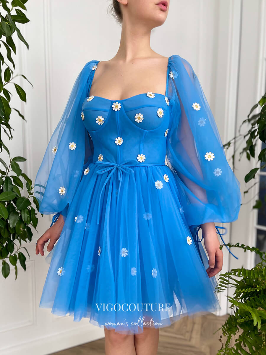vigocouture-Blue 3D Floral Hoco Dresses Long Sleeve Graduation Dresses hc169-Prom Dresses-vigocouture-