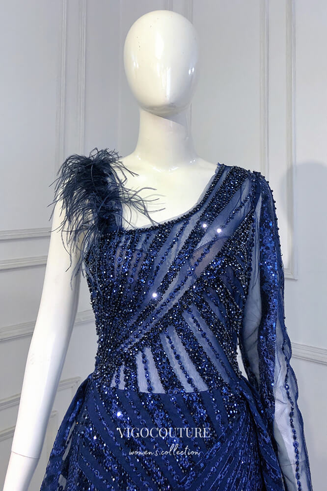 vigocouture-Blue Beaded Formal Dresses One Shoulder Prom Dress 21636-Prom Dresses-vigocouture-