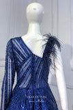 vigocouture-Blue Beaded Formal Dresses One Shoulder Prom Dress 21636-Prom Dresses-vigocouture-