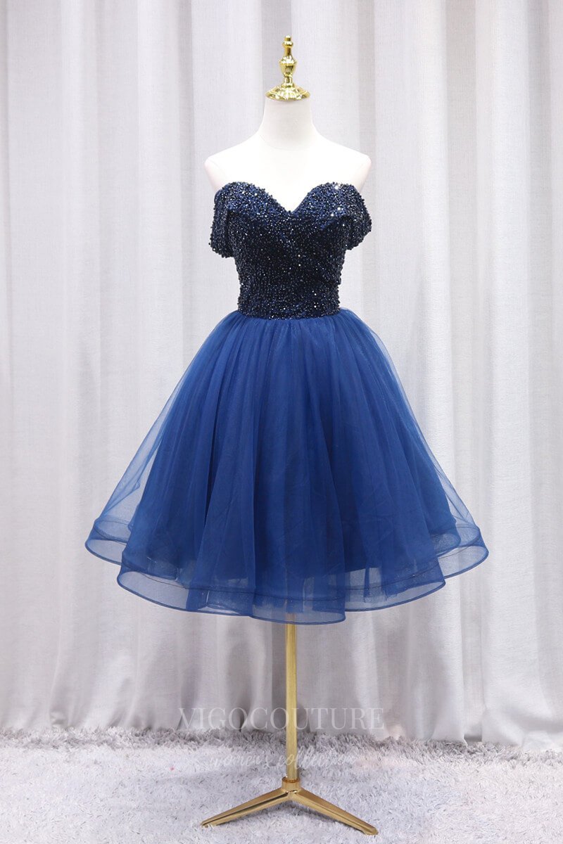 vigocouture-Blue Beaded Lace Homecoming Dress Off the Shoulder Hoco Dress hc066-Prom Dresses-vigocouture-Blue-US4-