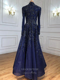 vigocouture-Blue Beaded Long Sleeve Prom Dresses High Neck Formal Dresses 21269-Prom Dresses-vigocouture-