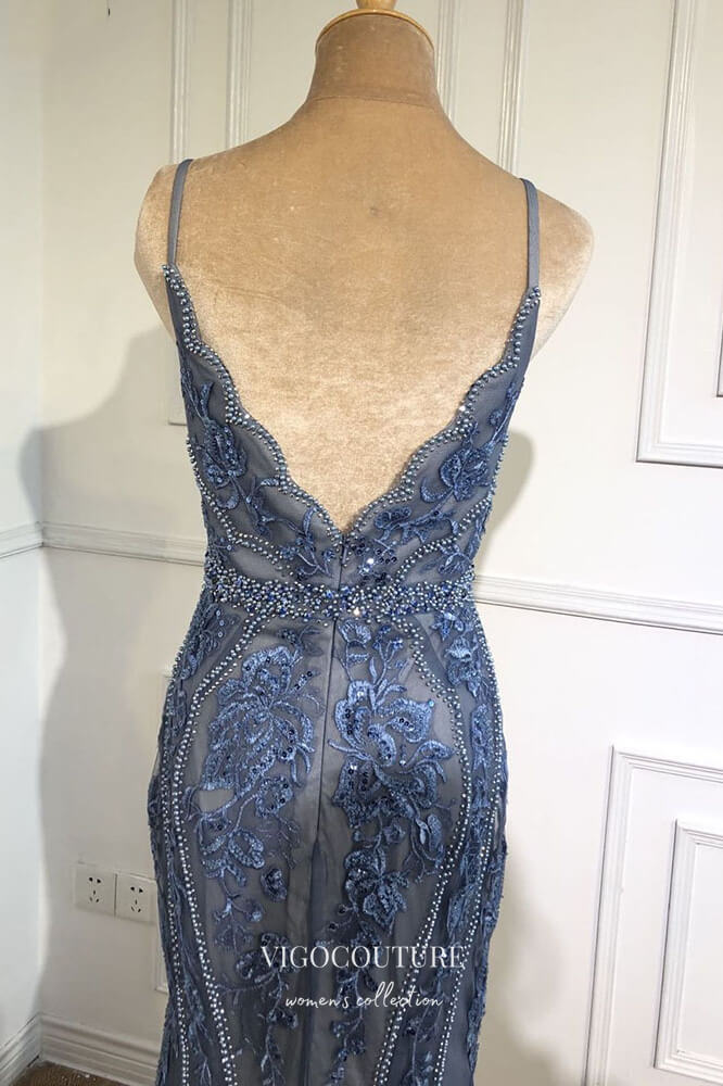 vigocouture-Blue Beaded Mermaid Formal Dresses Spaghetti Strap V-Neck Prom Dress 21614-Prom Dresses-vigocouture-
