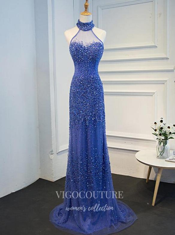vigocouture-Blue Beaded Mermaid Prom Dress 20259-Prom Dresses-vigocouture-