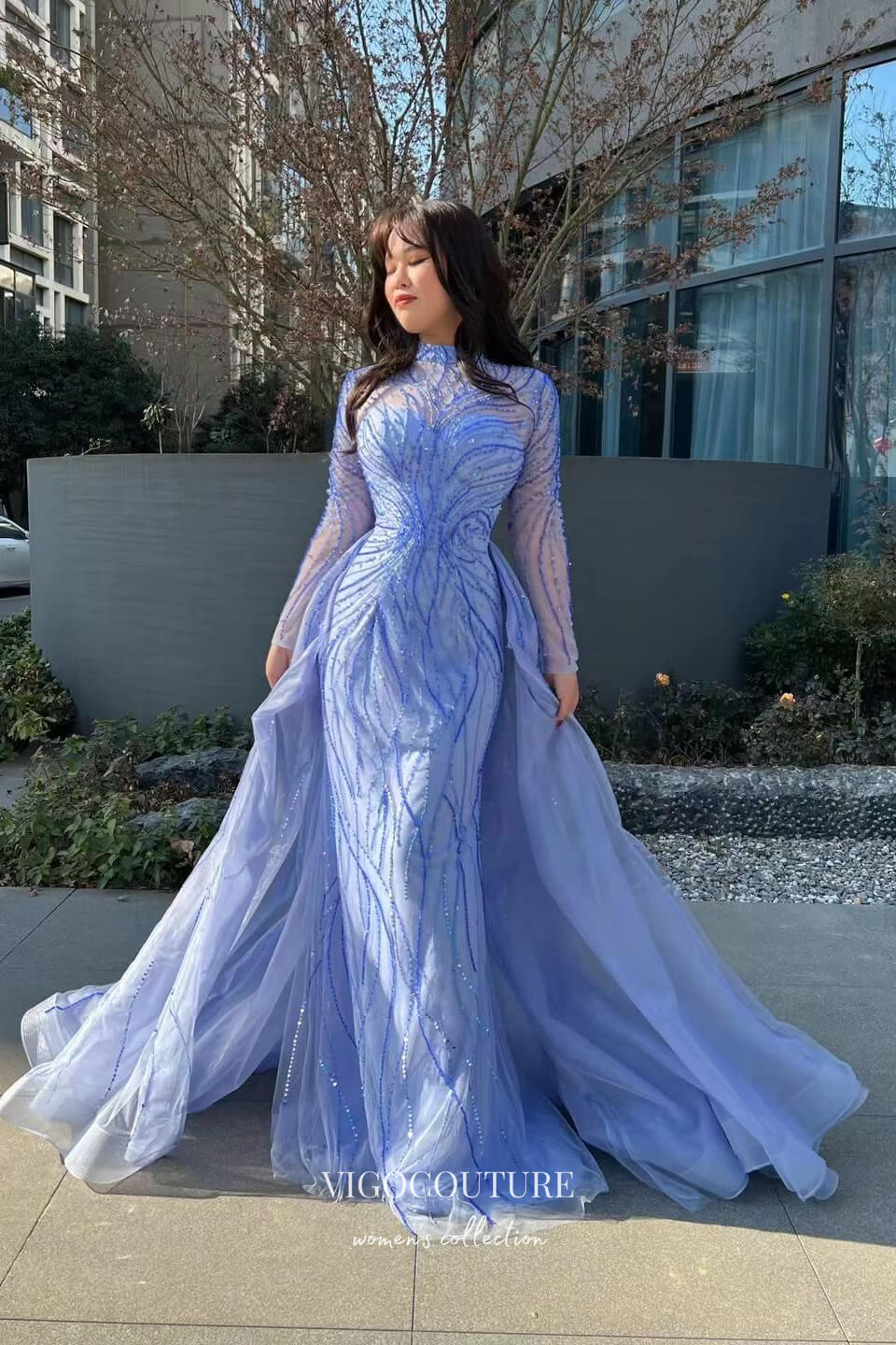 Blue Beaded Mermaid Prom Dress with Long Sleeve and Overskirt 22243-Prom Dresses-vigocouture-Blue-US2-vigocouture