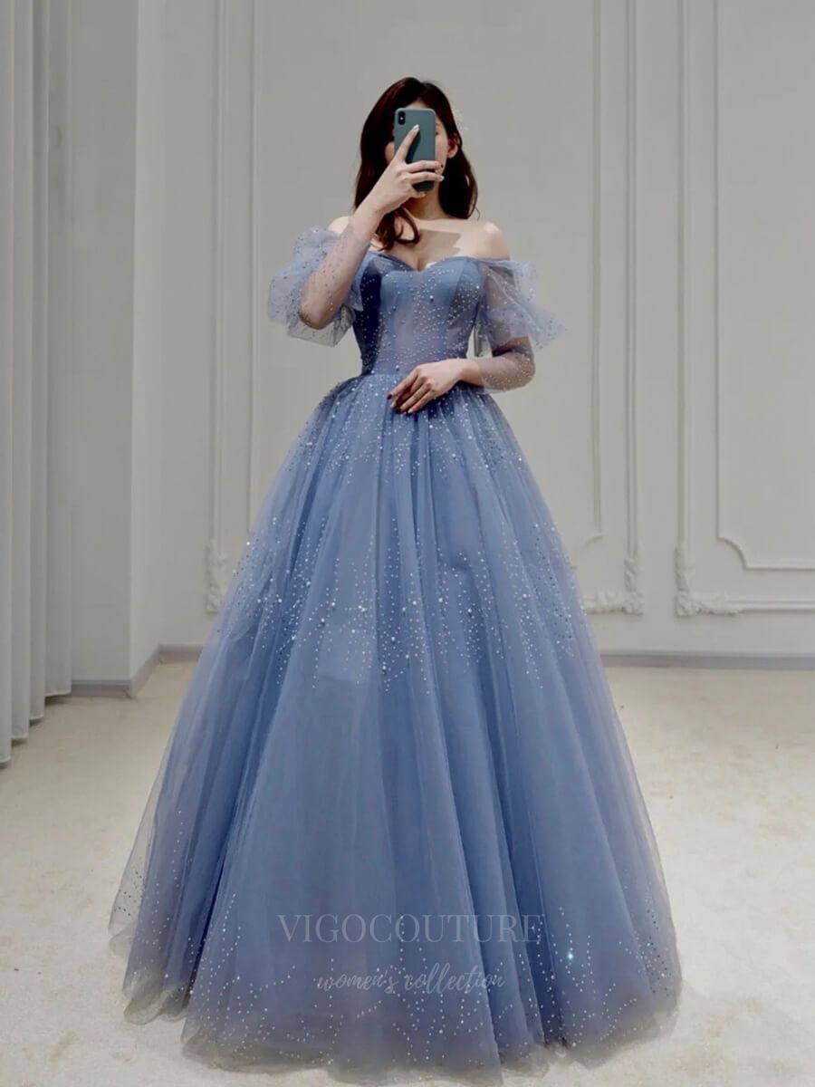vigocouture-Blue Beaded Puffed Sleeve Prom Dress 20658-Prom Dresses-vigocouture-