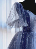 vigocouture-Blue Beaded Puffed Sleeve Prom Dress 20658-Prom Dresses-vigocouture-