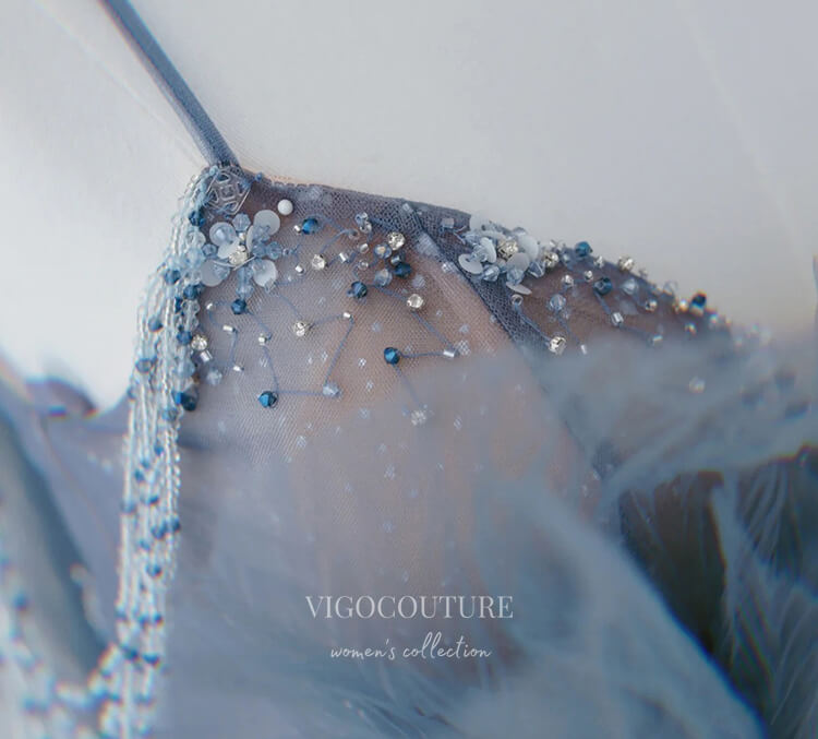 vigocouture-Blue Beaded Tulle Prom Dresses Spaghetti Strap Formal Dresses 21032-Prom Dresses-vigocouture-