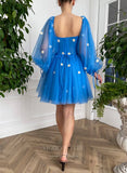 vigocouture-Blue Bishop Sleeve Floral Short Prom Dress Homecoming Dress 20984-Prom Dresses-vigocouture-