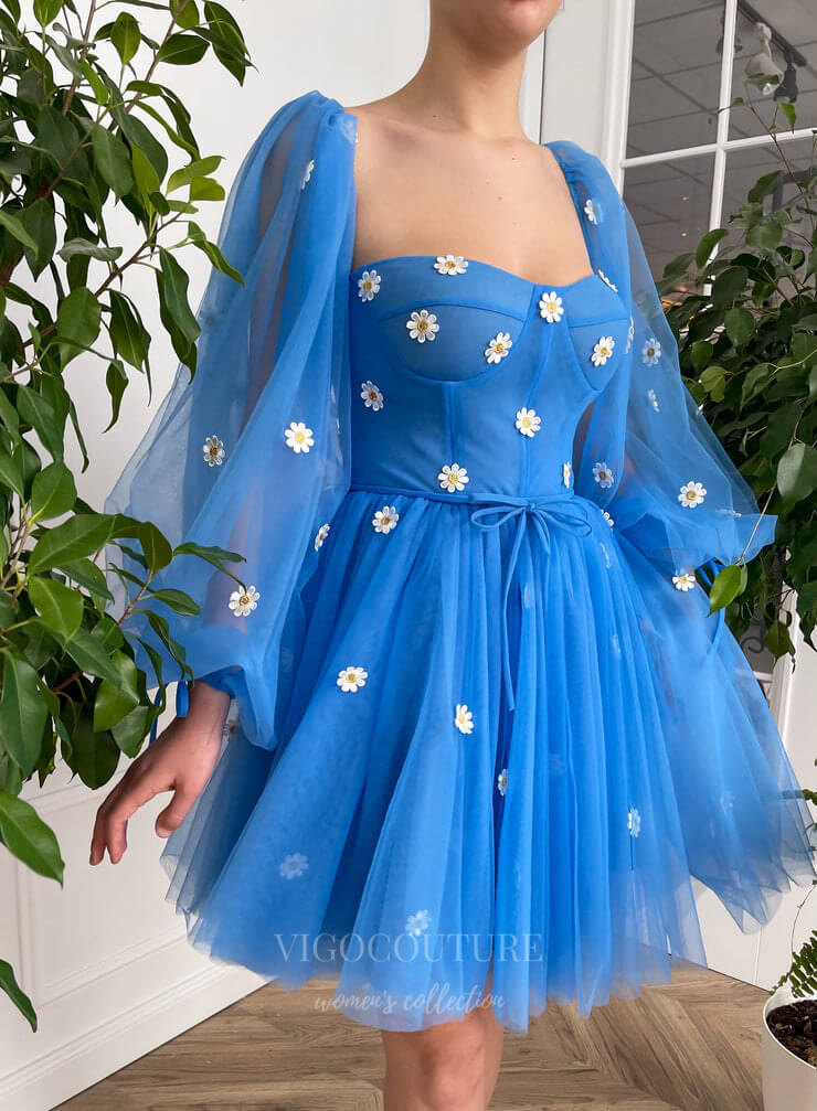 Blue Bishop Sleeve Floral Short Prom Dress Homecoming Dress 20984 –  vigocouture