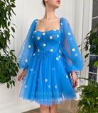 vigocouture-Blue Bishop Sleeve Floral Short Prom Dress Homecoming Dress 20984-Prom Dresses-vigocouture-Blue-US2-