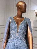 vigocouture-Blue Cape Sleeve Formal Dresses Beaded Evening Dresses 21521-Prom Dresses-vigocouture-