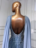 Blue Cape Sleeve Prom Dresses with Slit Beaded Mermaid Evening Dresses 21521-Prom Dresses-vigocouture-Blue-US2-vigocouture