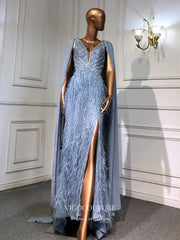 Blue Cape Sleeve Prom Dresses with Slit Beaded Mermaid Evening Dresses 21521
