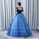 vigocouture-Blue Elbow Sleeve Quinceañera Dresses Lace Applique Ball Gown 20406-Prom Dresses-vigocouture-