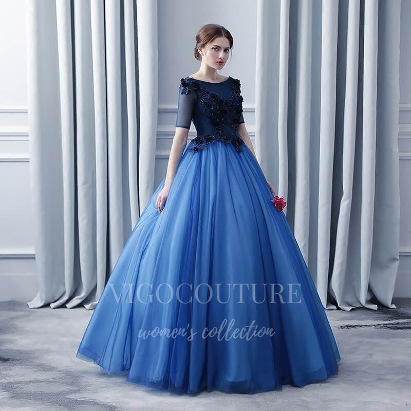 vigocouture-Blue Elbow Sleeve Quinceañera Dresses Lace Applique Ball Gown 20406-Prom Dresses-vigocouture-