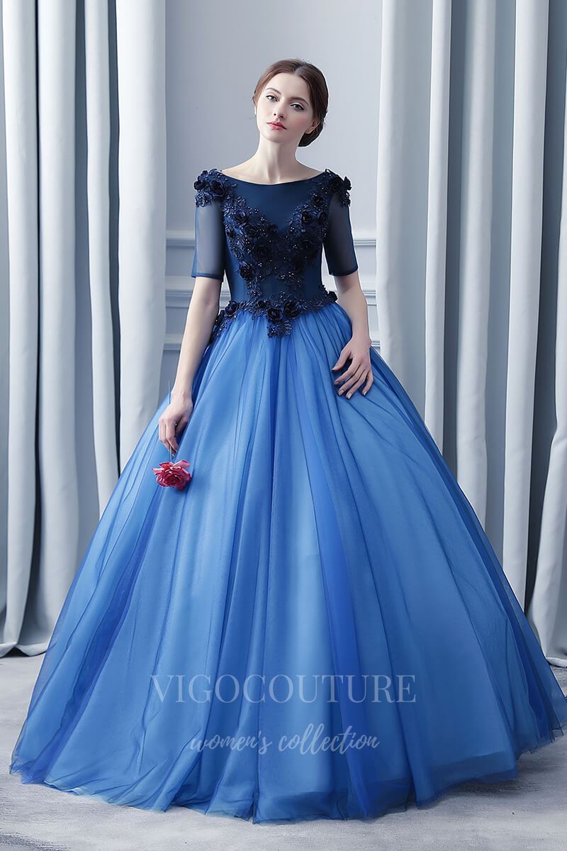 vigocouture-Blue Elbow Sleeve Quinceañera Dresses Lace Applique Ball Gown 20406-Prom Dresses-vigocouture-Blue-Custom Size-