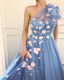 vigocouture-Blue Floral One Shoulder Tulle Prom Dress 20993-Prom Dresses-vigocouture-