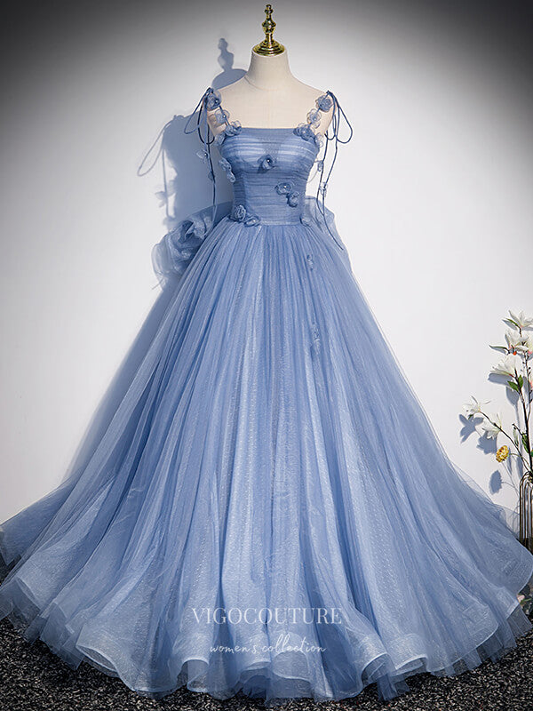 vigocouture-Blue Floral Tulle Prom Dress Bow-Tie Formal Dresses 21340-Prom Dresses-vigocouture-