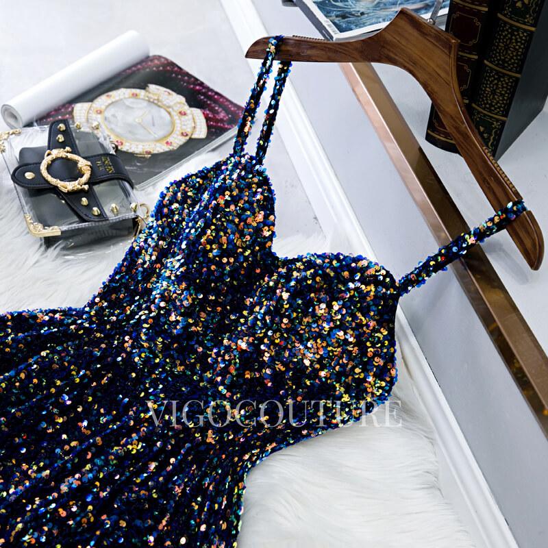 vigocouture-Blue Glittering Sequin Homecoming Dress Mid-length Prom Dress 20275-Prom Dresses-vigocouture-