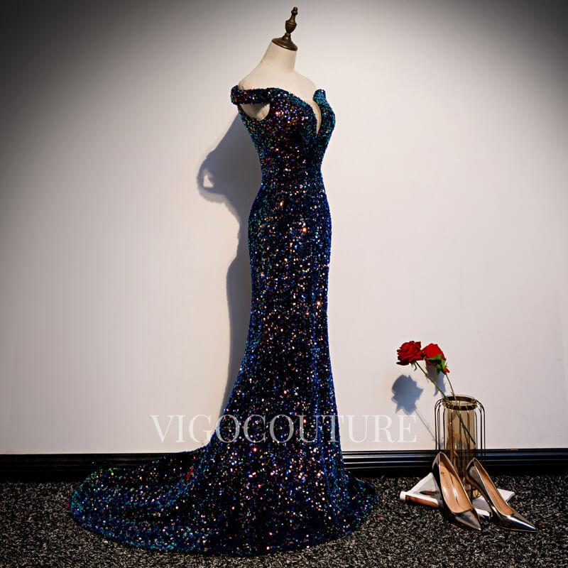 vigocouture-Blue Glittering Sequin Prom Gown Off the Shoulder Prom Dress 20277-Prom Dresses-vigocouture-