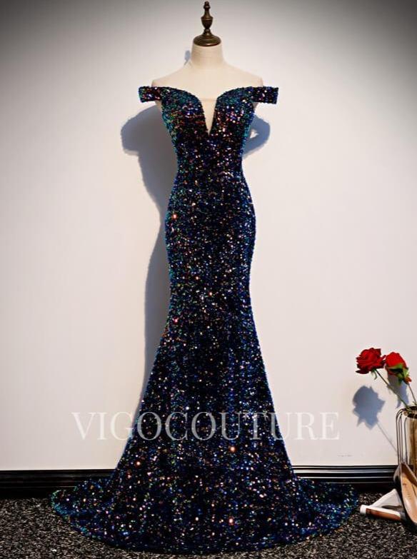 vigocouture-Blue Glittering Sequin Prom Gown Off the Shoulder Prom Dress 20277-Prom Dresses-vigocouture-Blue-US2-