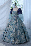 Blue Jacquard Satin Prom Dress with Puffed Sleeve 22293-Prom Dresses-vigocouture-Blue-Custom Size-vigocouture