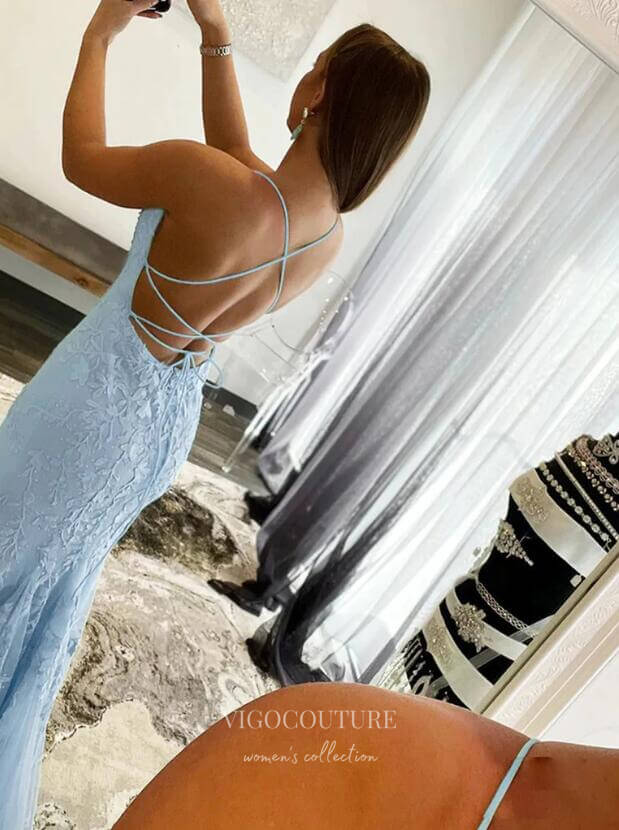 vigocouture-Blue Lace Applique Mermaid Prom Dresses Spaghetti Strap Evening Dress 20594-Prom Dresses-vigocouture-