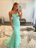 vigocouture-Blue Lace Applique Mermaid Prom Dresses Spaghetti Strap Evening Dress 20594-Prom Dresses-vigocouture-Blue-US0-