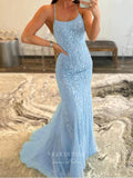 vigocouture-Blue Lace Applique Mermaid Prom Dresses Spaghetti Strap Evening Dress 20594-Prom Dresses-vigocouture-Light Blue-US0-