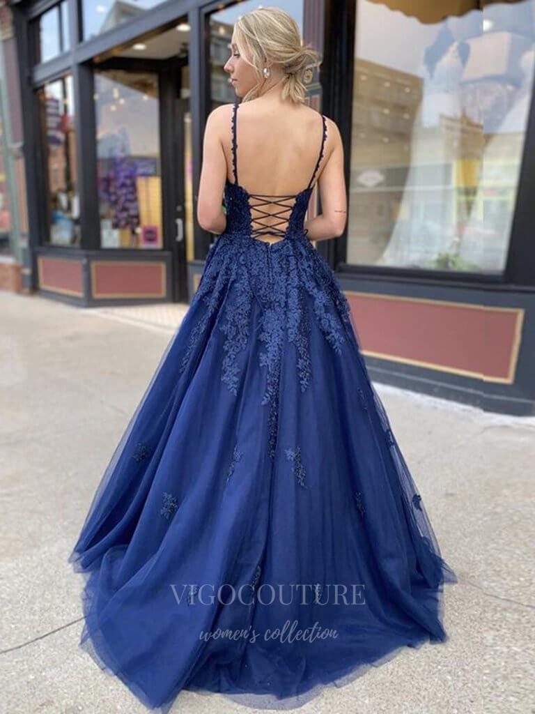 vigocouture-Blue Lace Applique Prom Dress 20371-Prom Dresses-vigocouture-