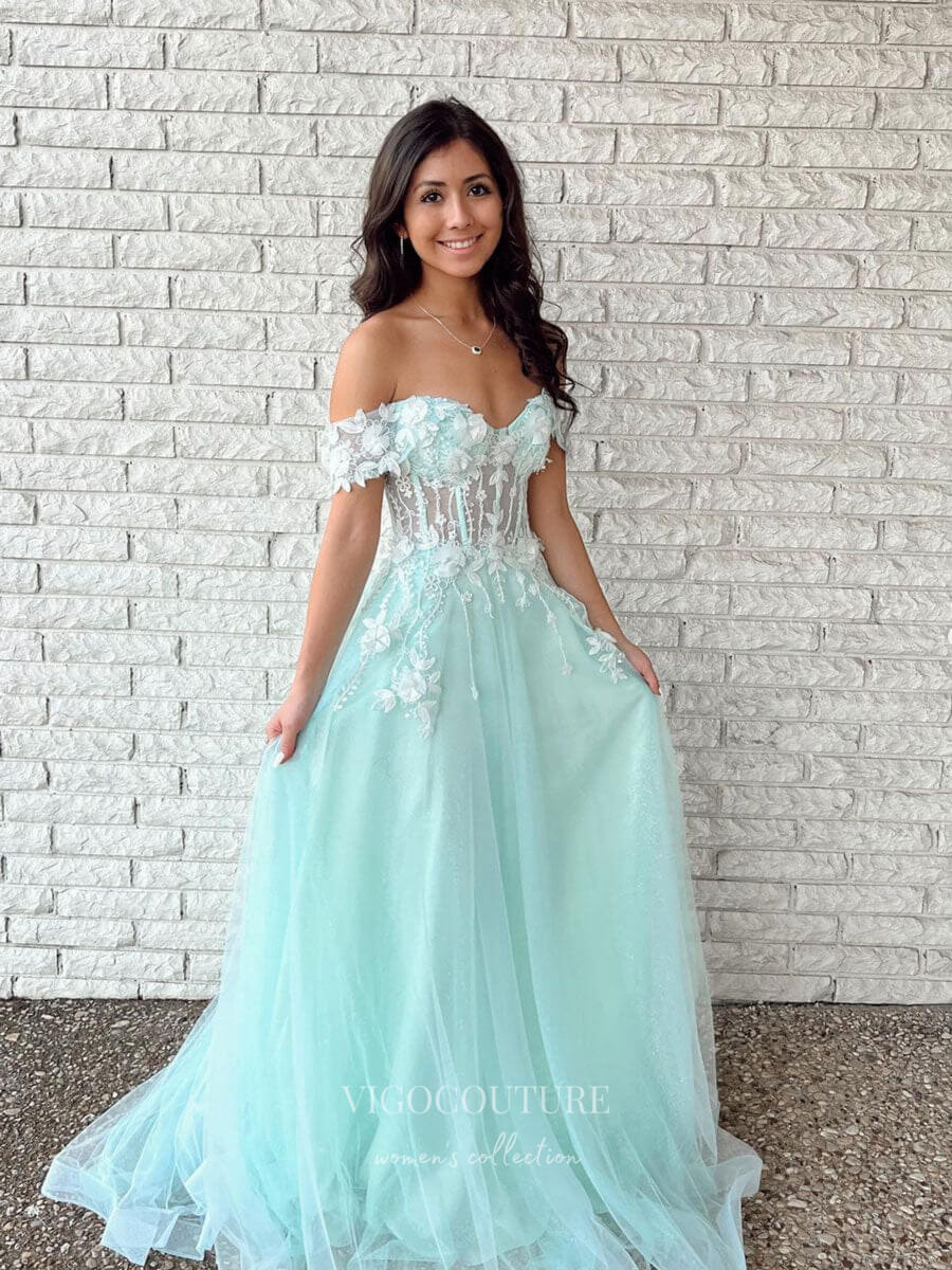 vigocouture-Blue Lace Applique Prom Dresses Off the Shoulder Evening Dress 21772-Prom Dresses-vigocouture-Blue-US2-