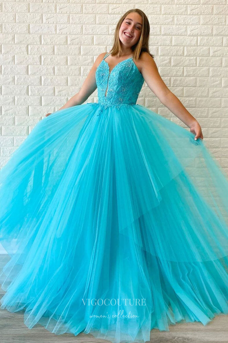 vigocouture-Blue Lace Applique Prom Dresses Spaghetti Strap A-Line Evening Dress 21726-Prom Dresses-vigocouture-Blue-US2-