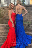 Blue Lace Applique Prom Dresses Spaghetti Strap Mermaid Evening Dress 21929-Prom Dresses-vigocouture-Blue-US2-vigocouture