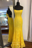 Blue Lace Applique Prom Dresses Spaghetti Strap Mermaid Evening Dress 21929-Prom Dresses-vigocouture-Yellow-US2-vigocouture