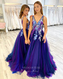 vigocouture-Blue Lace Applique Prom Dresses V-Neck Evening Dress 21793-Prom Dresses-vigocouture-