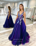 vigocouture-Blue Lace Applique Prom Dresses V-Neck Evening Dress 21793-Prom Dresses-vigocouture-