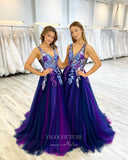 vigocouture-Blue Lace Applique Prom Dresses V-Neck Evening Dress 21793-Prom Dresses-vigocouture-Blue-US2-